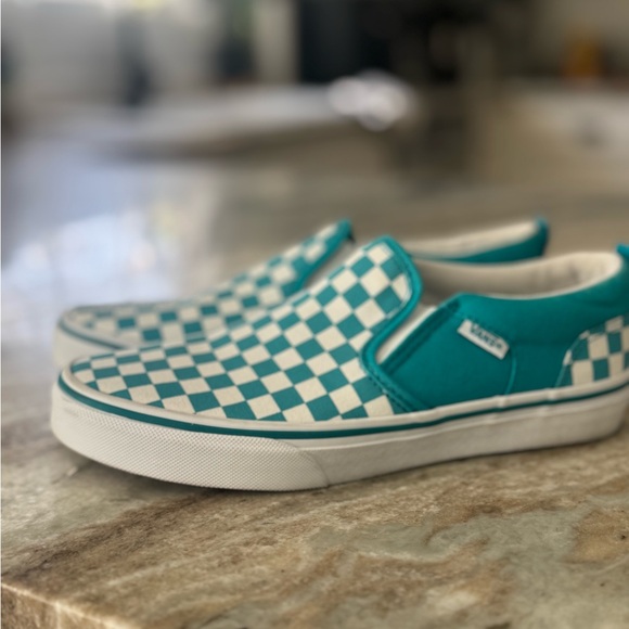 Vans Checkered Slip-On Shoes - Teal and White Size 5 - Picture 2 of 6